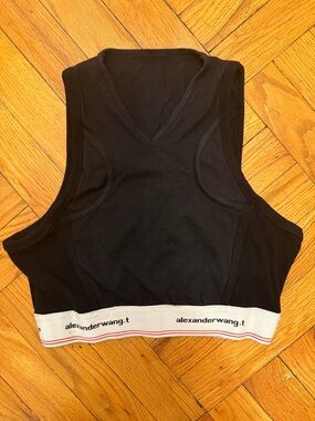 T by Alexander Wang Black Cropped Tank Bodysuit with White Branded Hem